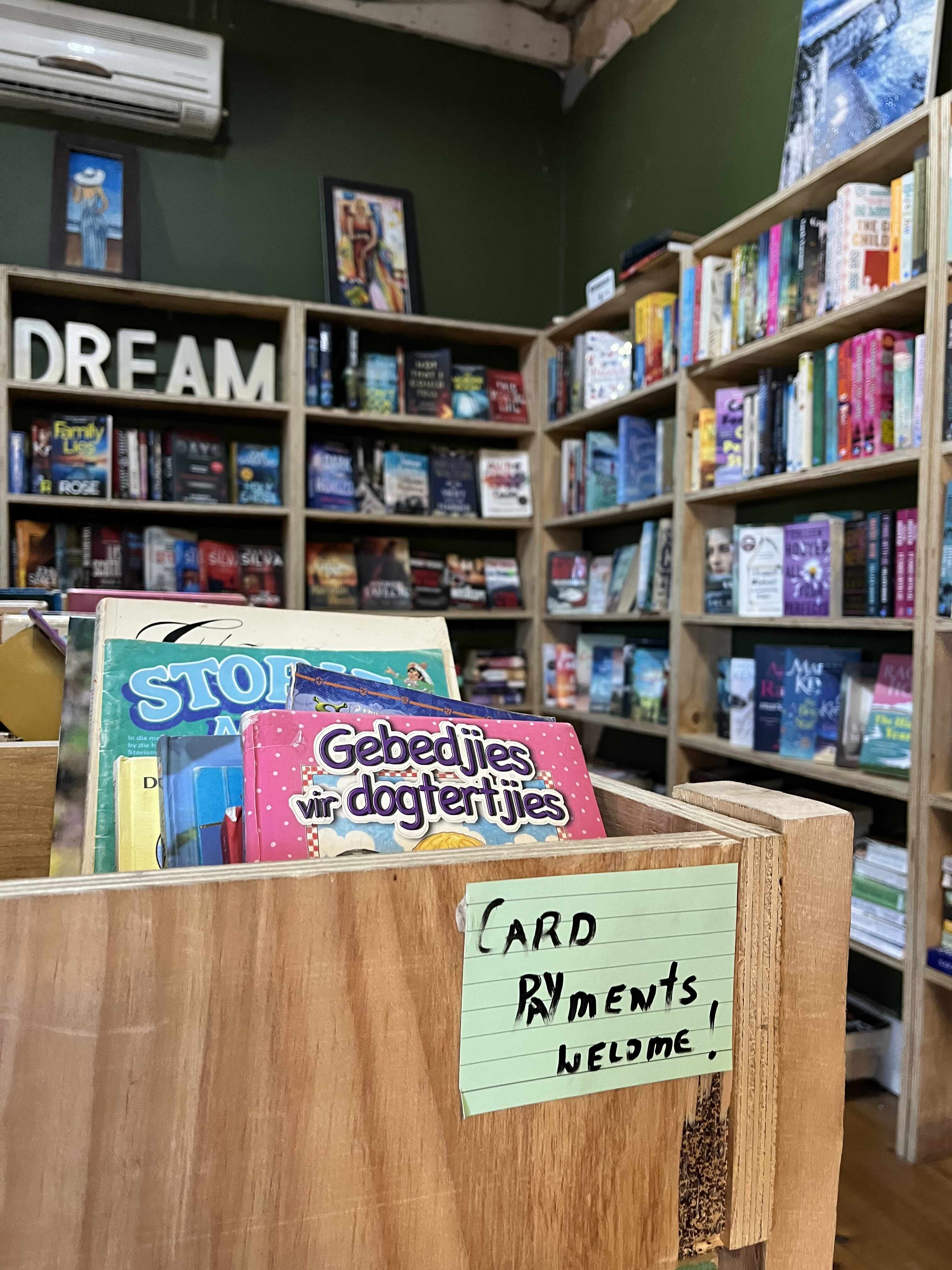 A closer view of the book displays inside the shop